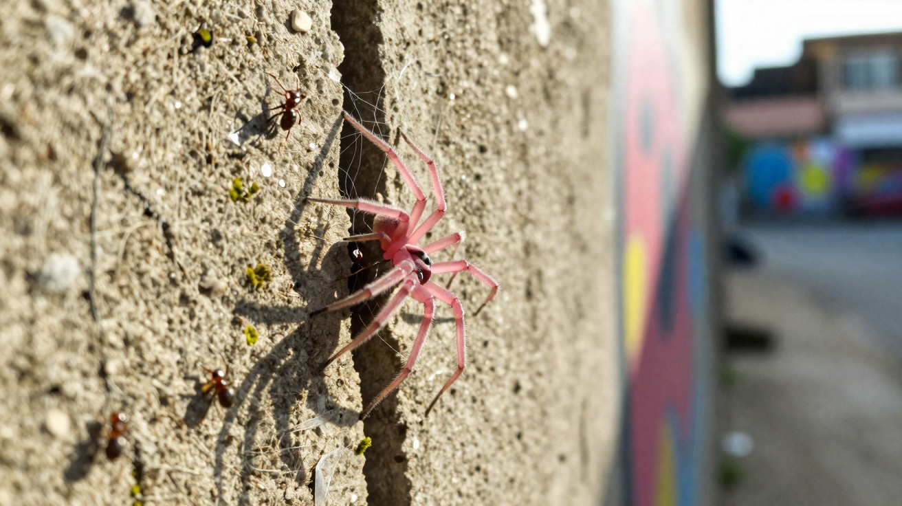 Aranha rosa e formigas a subir numa parede de cimento com crepúsculo urbano ao fundo.