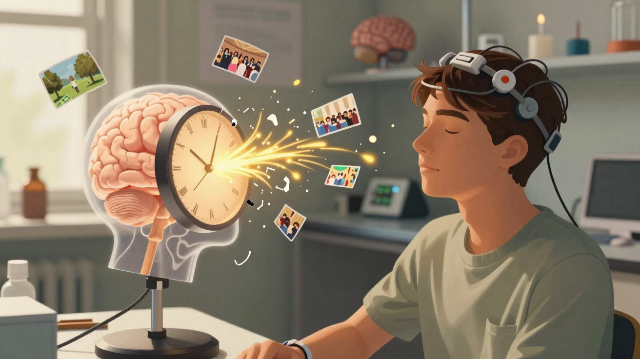 Jovem com dispositivo na cabeça visualiza memória com relógio e fotos a sair de cérebro iluminado.