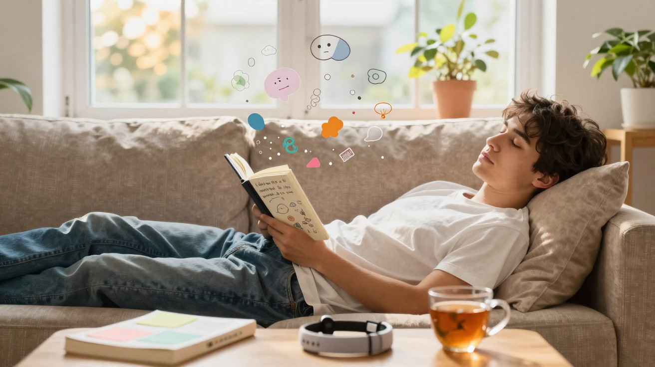 Jovem deitado no sofá a ler um livro, com ilustrações imaginativas a sair das páginas, chá na mesa.