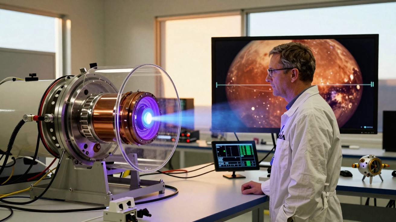Cientista em laboratório observa motor de plasma com jato azul, com ecrã mostrando planeta vermelho ao fundo.