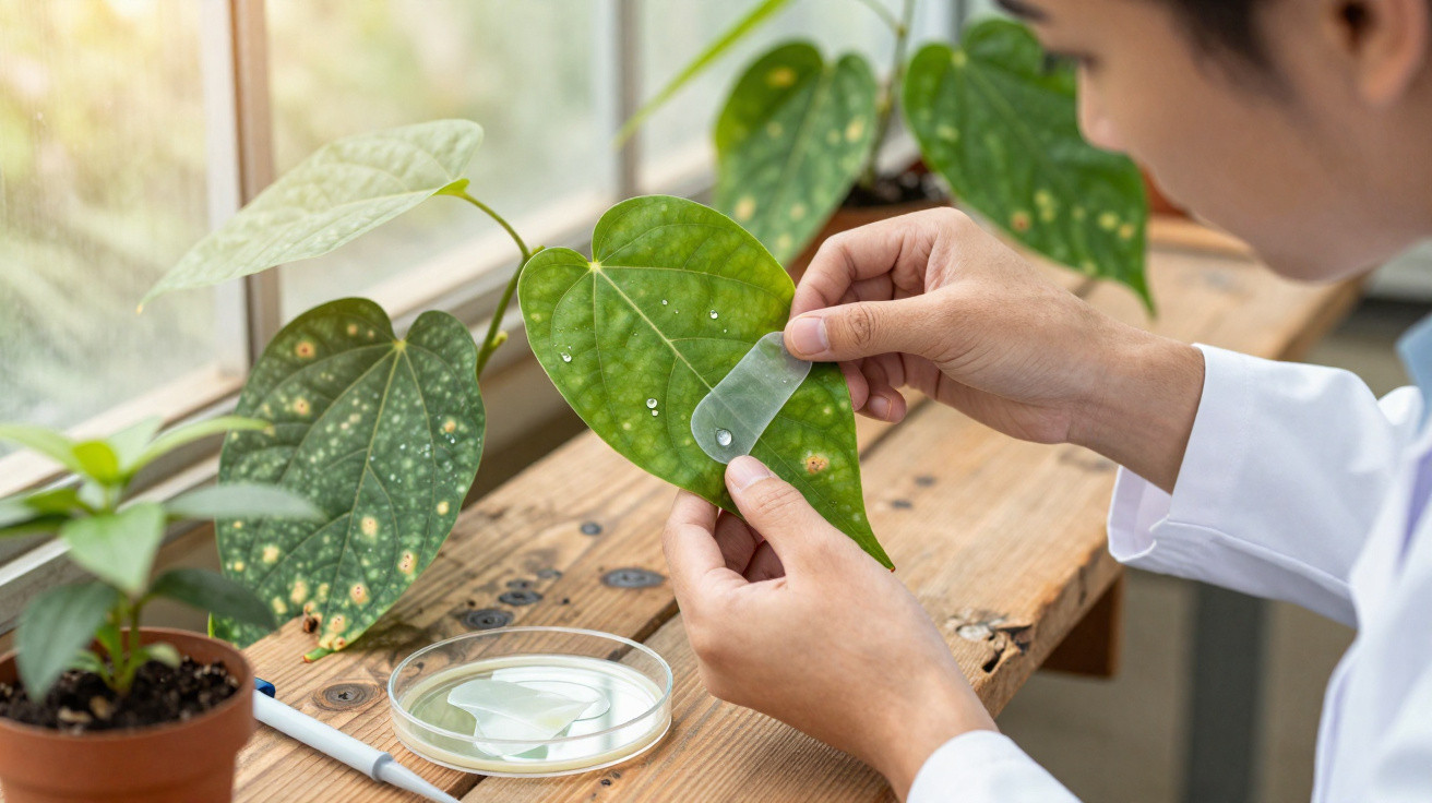 Pessoa a aplicar película transparente numa folha de planta para estudo de doenças vegetais numa bancada junto à janela.