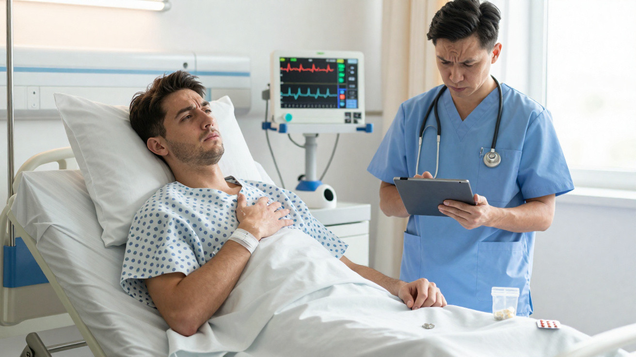 Doente masculino deitado numa cama hospitalar com um médico a analisar informações num tablet ao lado.