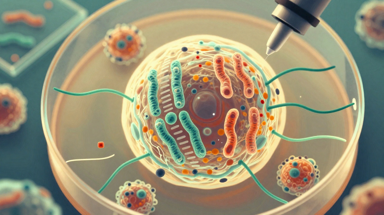 Imagem digital de célula em cultura num prato de Petri com sonda científica manipulando-a.