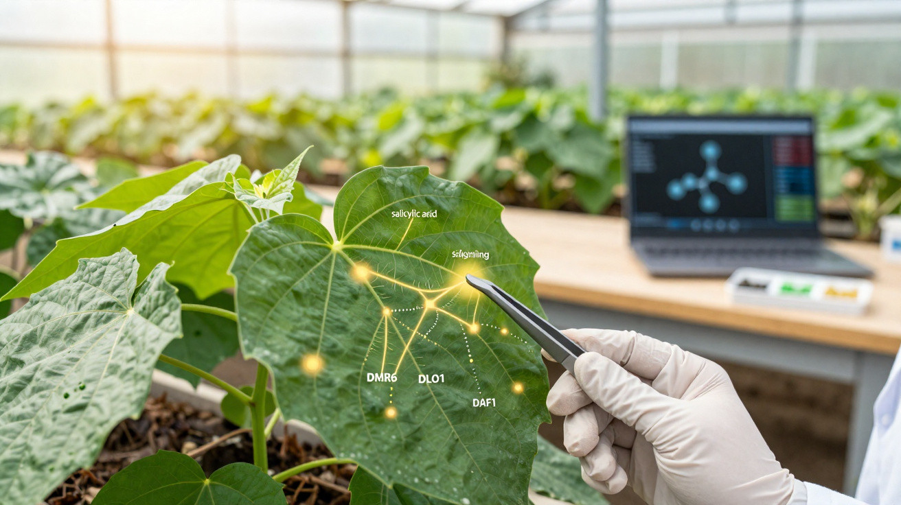 Folha de planta num laboratório com análise digital de moléculas e mão com luva a apontar com alicate.