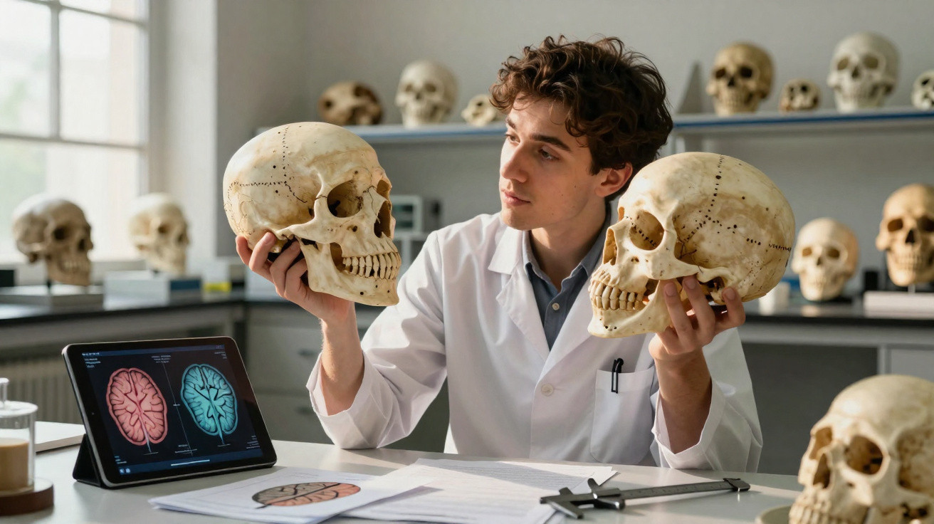 Jovem cientista em bata branca analisa dois crânios humanos num laboratório com vários crânios ao fundo.