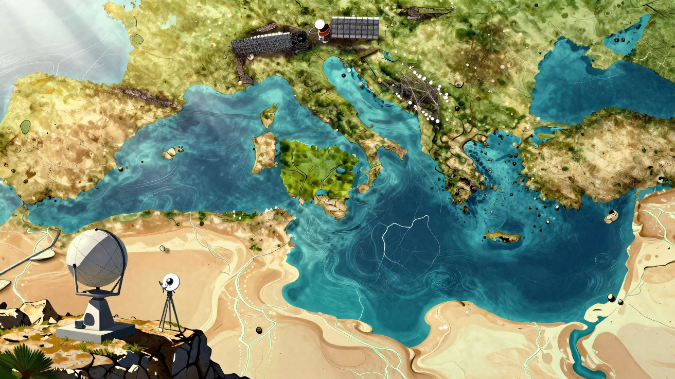 Mapa ilustrado da bacia do Mediterrâneo com destaque para instrumentos de medição geográfica e ambiental.