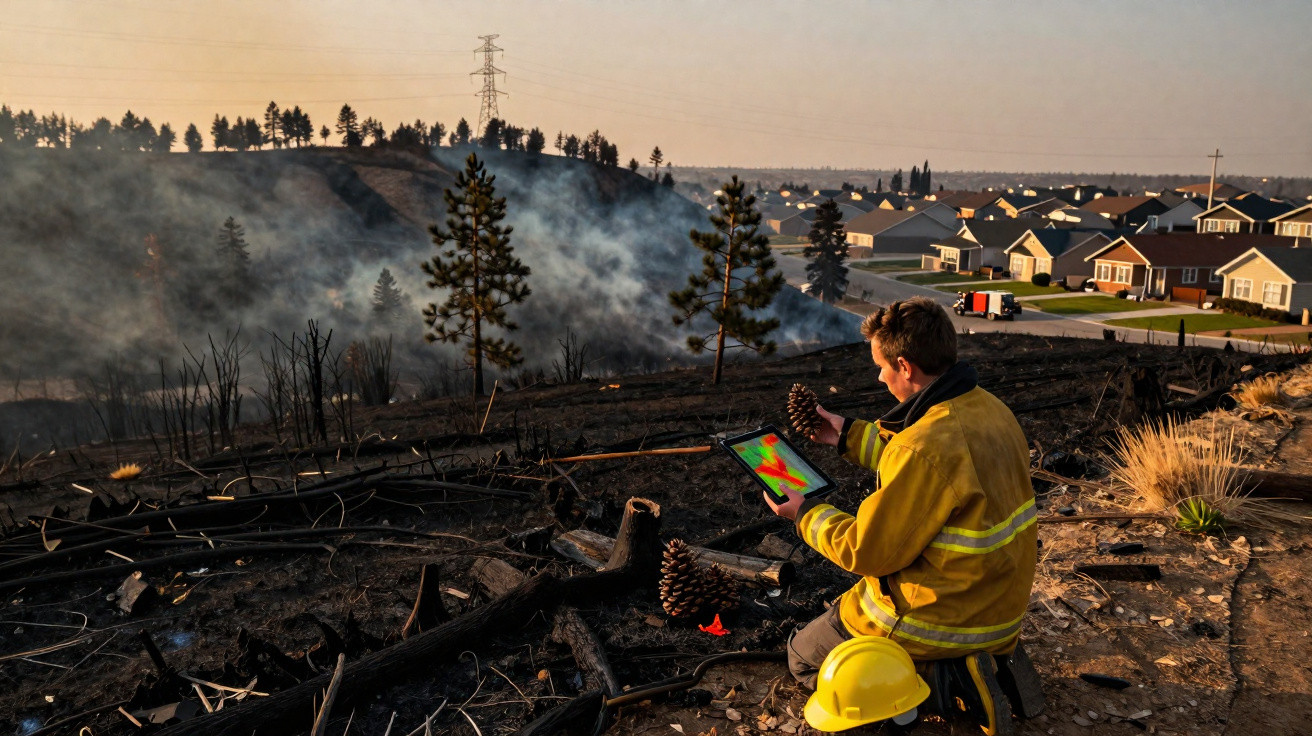 Bombeiro com equipamento de protecção sentado em terreno queimado, usando tablet para avaliar incêndio perto de habitações.