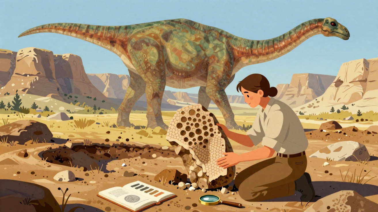 Ilustração de arqueóloga a examinar fósseis junto a dinossauro num deserto rochoso.