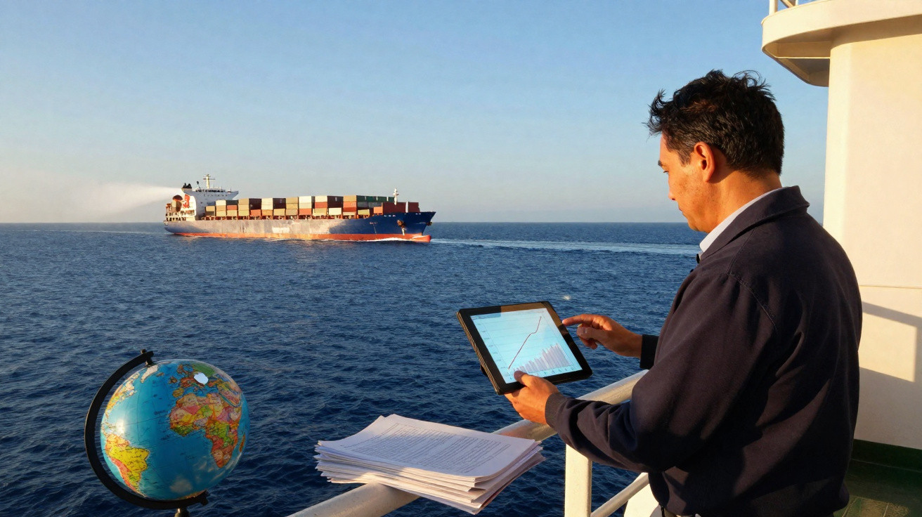 Homem a analisar gráficos num tablet a bordo de navio com contentores no mar ao fundo.