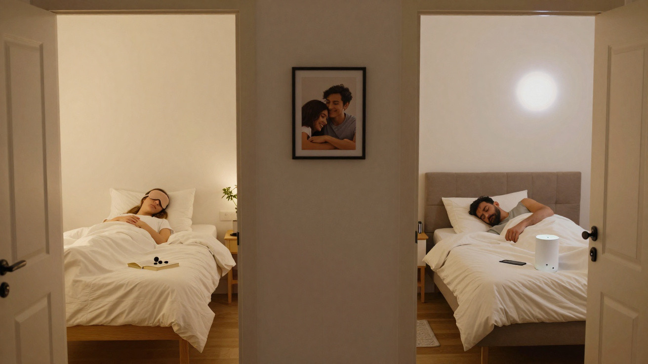 Dois quartos lado a lado com uma pessoa a dormir em cada cama, iluminados e com decoração simples.