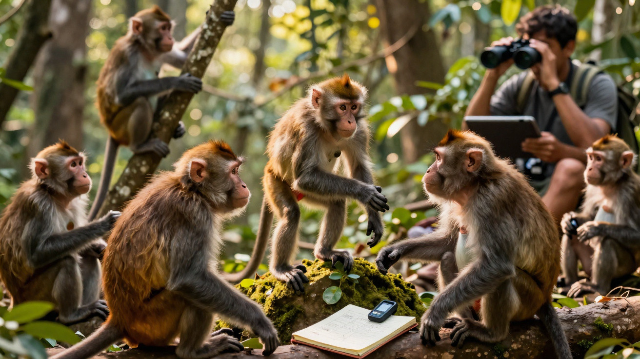 Grupo de macacos numa floresta com investigador humano ao fundo a observar com binóculos.
