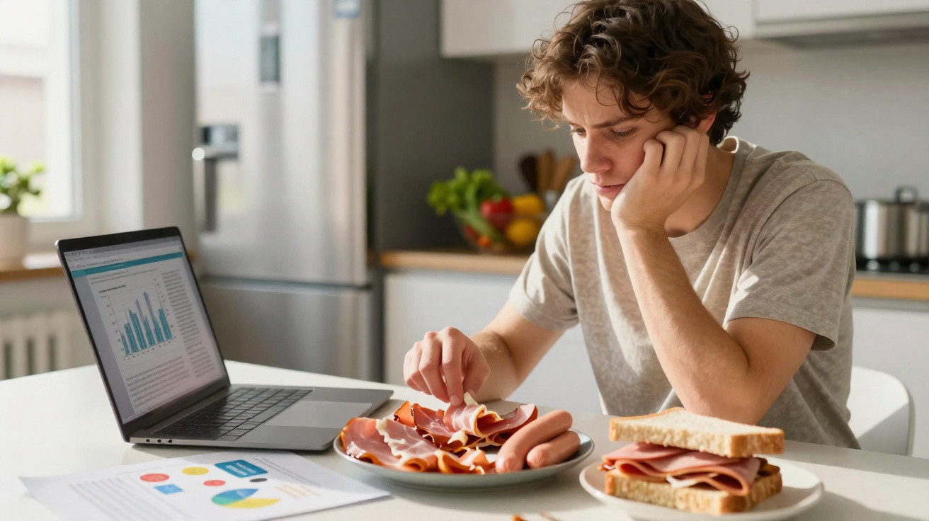 Homem jovem a escolher fiambre numa cozinha, com computador e documentos espalhados na mesa.