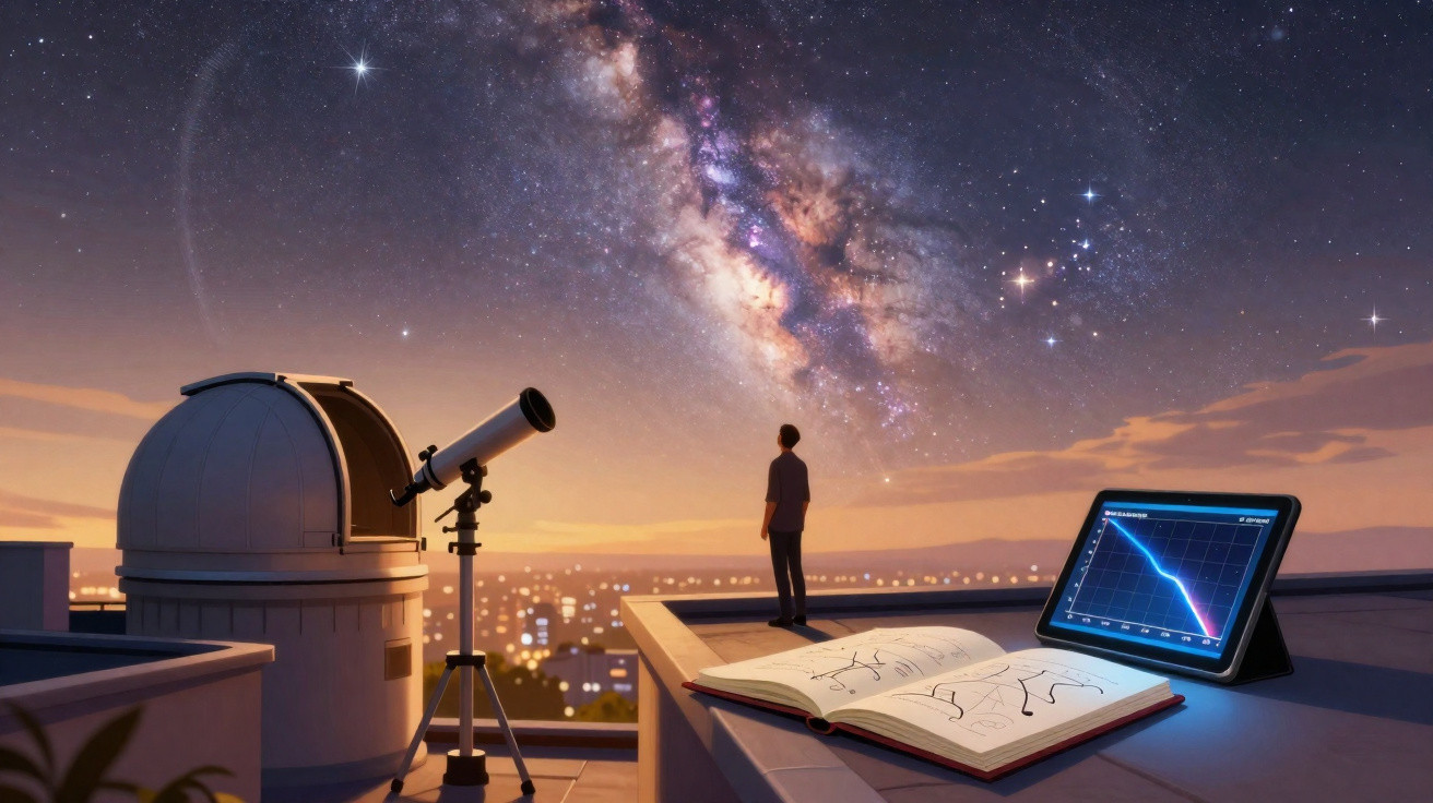 Pessoa observa a Via Láctea num terraço com telescópio, livro aberto e tablet com gráfico astronómico.