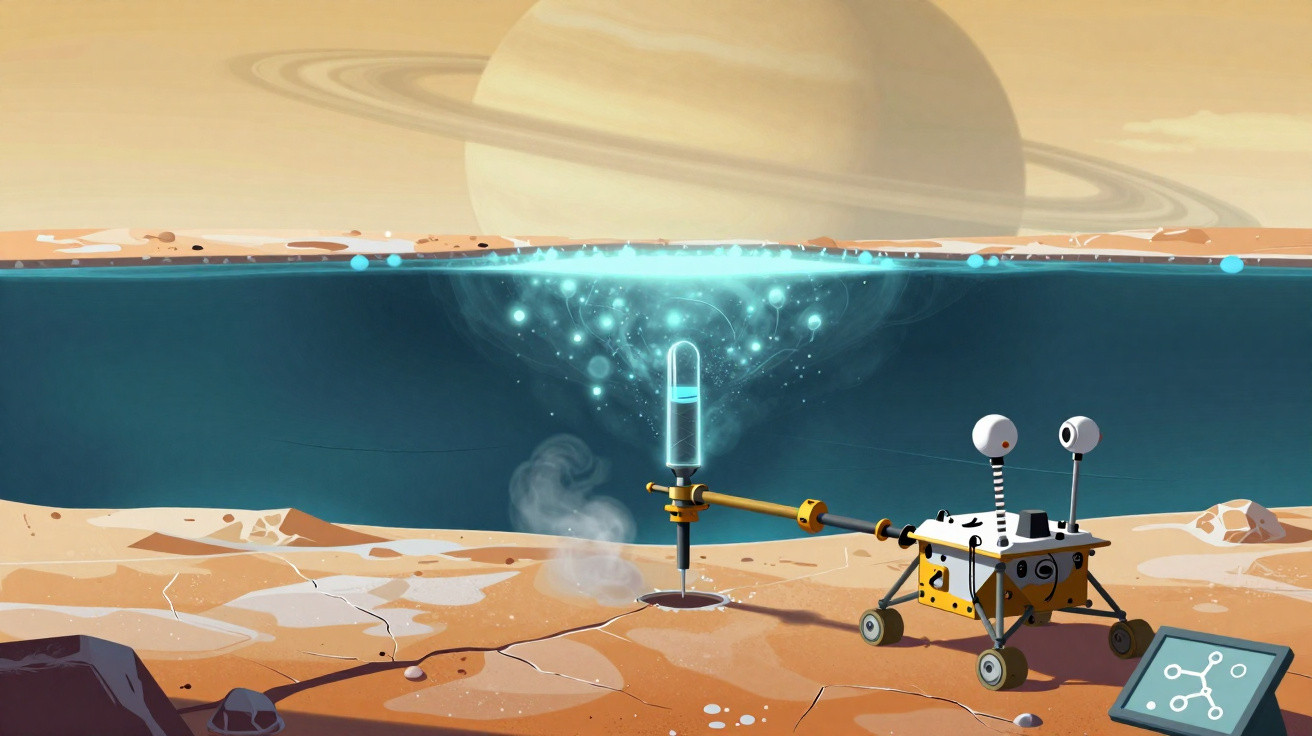 Rover em Marte a perfurar o solo perto de uma cratera com anéis planetários visíveis no céu.