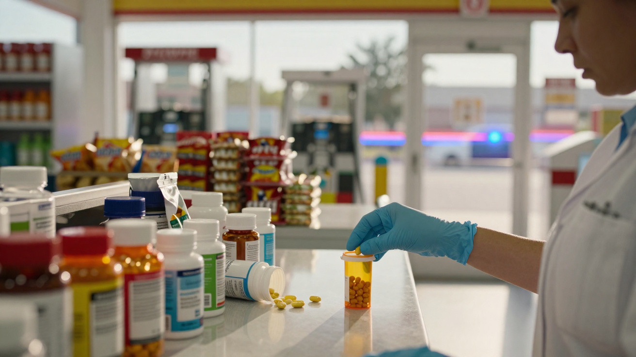 Farmacêutica com luvas a colocar comprimidos num frasco numa farmácia moderna.