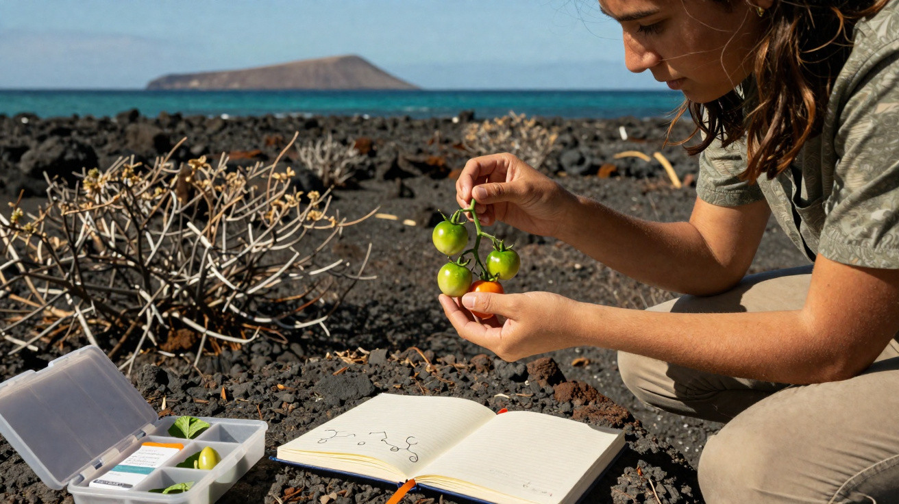 Pessoa inspeciona tomate verde junto ao mar com caderno aberto e caixa de materiais sobre solo rochoso.