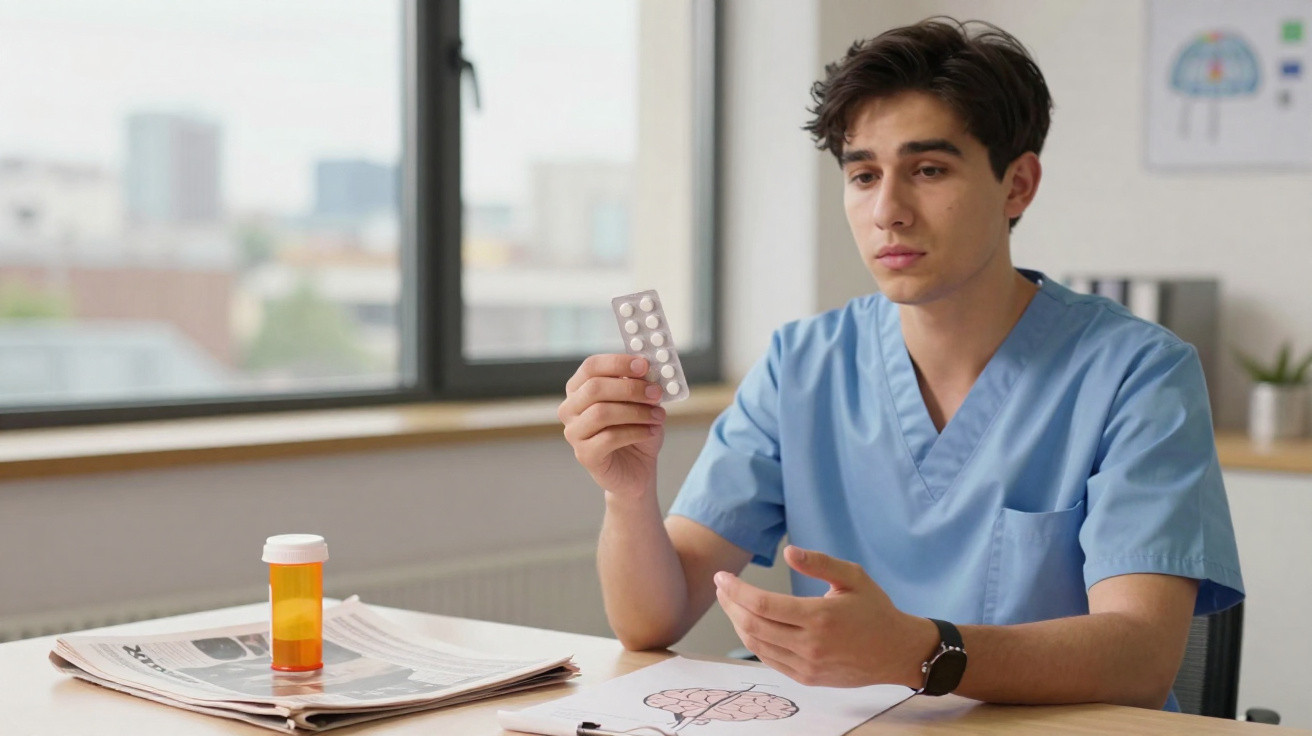 Jovem profissional de saúde sentado a analisar blister de comprimidos numa mesa com papéis e recipientes.