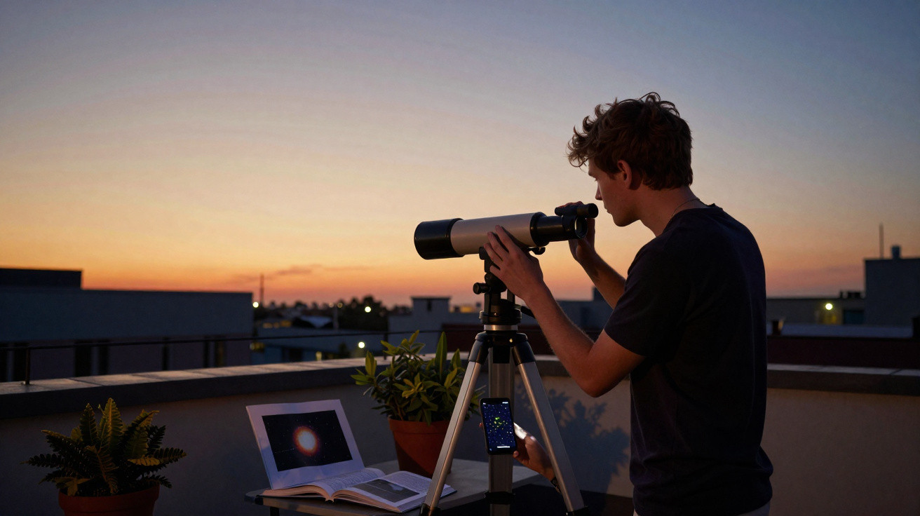 Jovem observa o céu ao pôr do sol com telescópio numa varanda, com livro e planta ao lado.