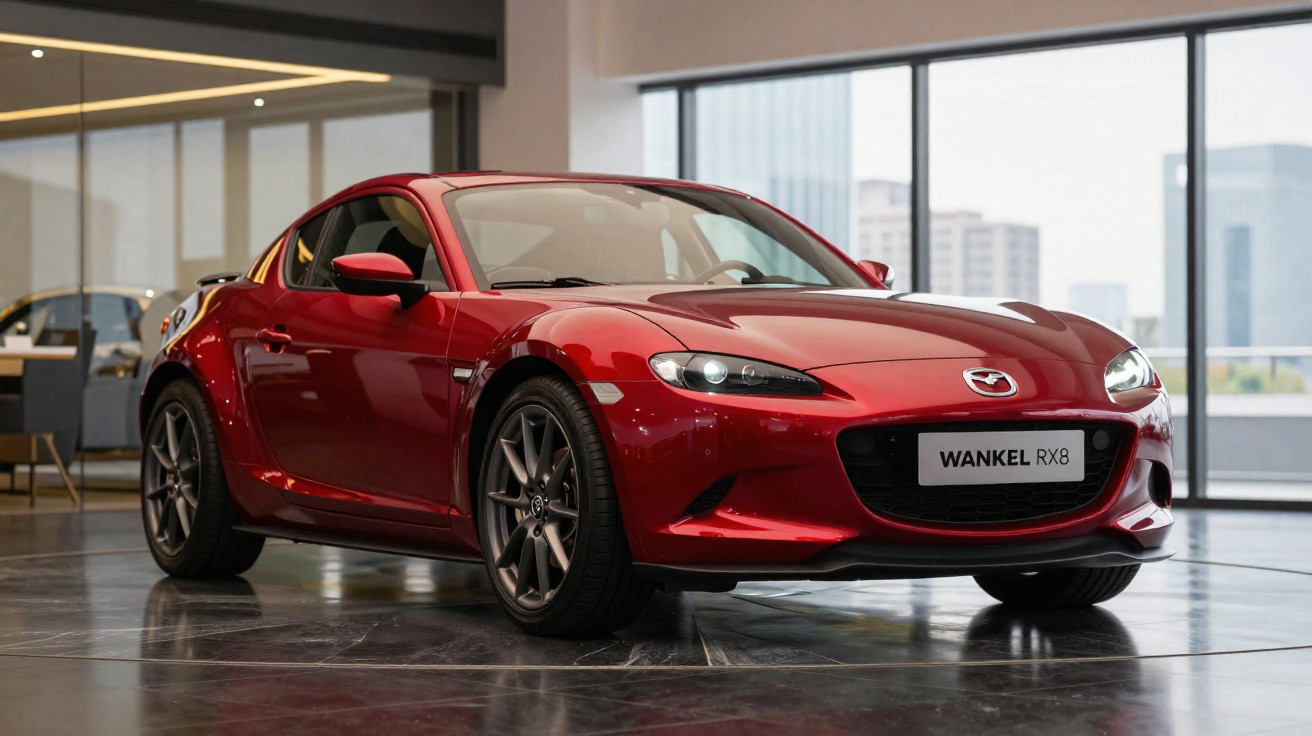 Carro desportivo vermelho Mazda Wankel RX8 em exposição num interior moderno com janelas amplas.