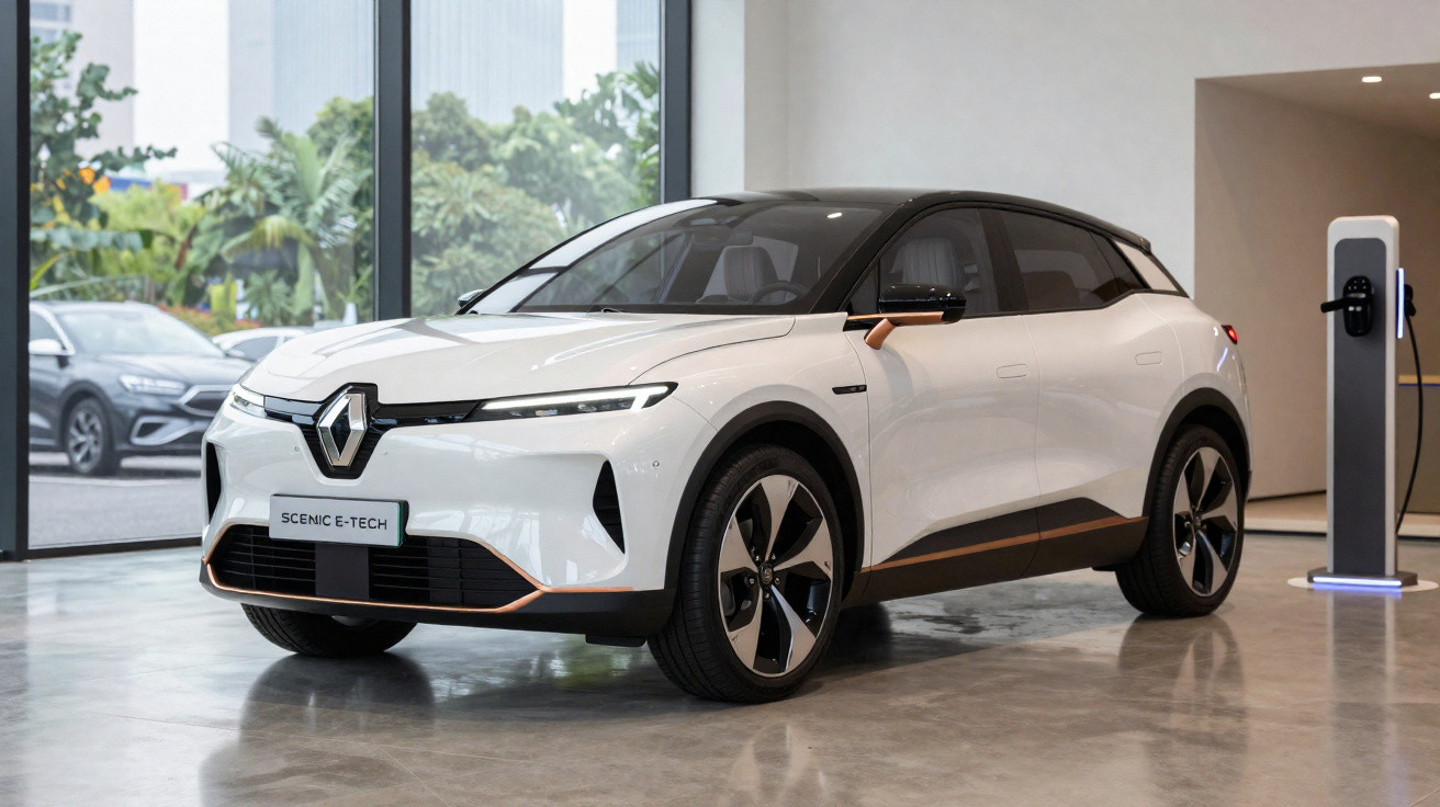 Carro elétrico Renault Scenic E-Tech branco estacionado interiormente junto a posto de carregamento.