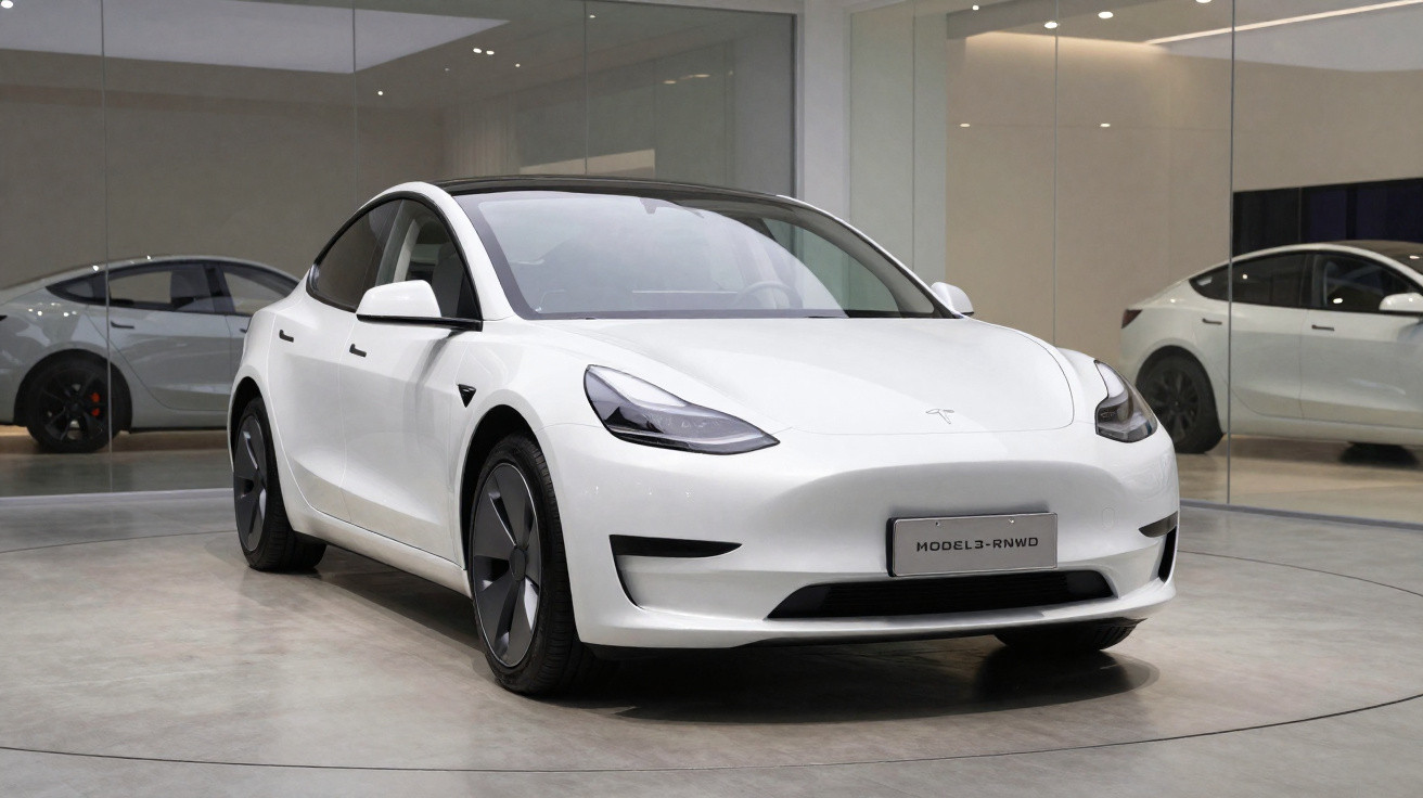 Carro elétrico branco Tesla Model 3 em exposição numa sala moderna com paredes de vidro.