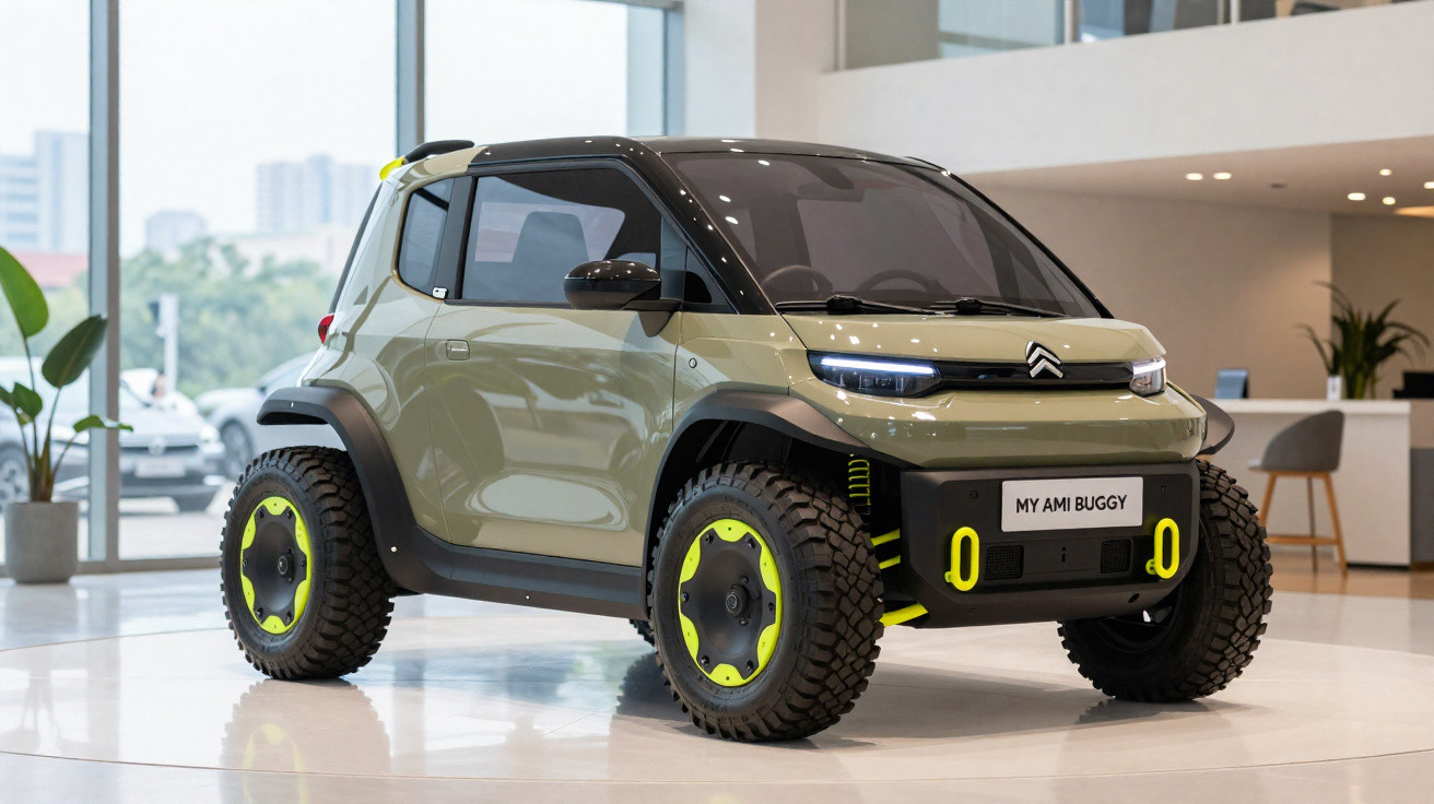 Veículo compacto Citroën My Ami Buggy verde com pneus grossos exibido em showroom moderno.