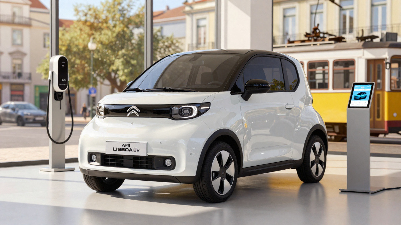 Carro elétrico Citroën Ami Lisboa EV branco em exposição com posto de carregamento e tram ao fundo.