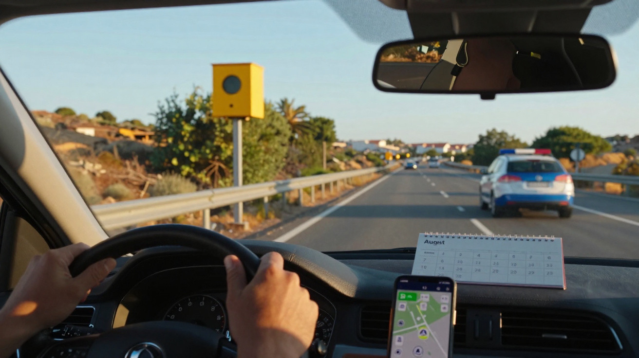 Vista interior de um carro em circulação com foco num velocímetro e radar amarelo ao lado da estrada.