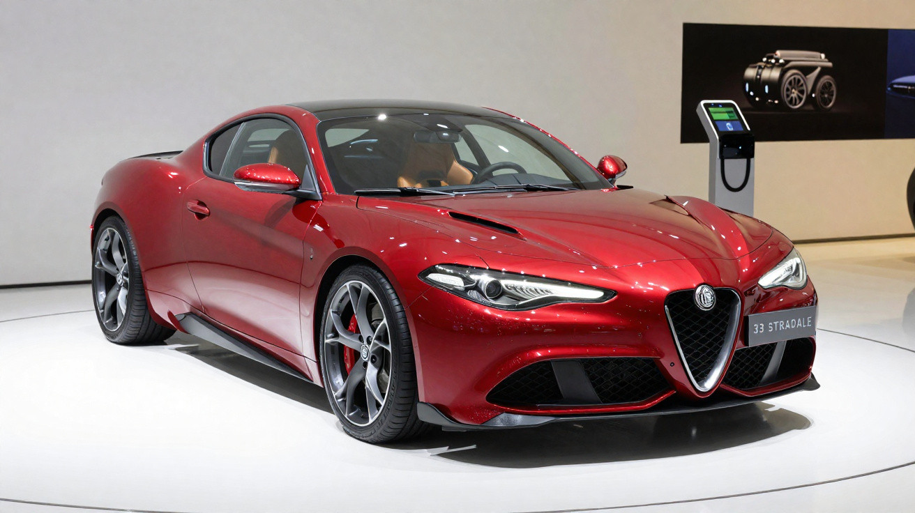 Carro desportivo Alfa Romeo 33 Stradale vermelho em exposição, com design aerodinâmico e rodas escurecidas.