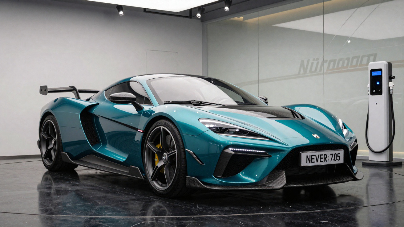 Carro desportivo azul metálico estacionado em showroom moderno com piso brilhante e carregador elétrico ao lado.
