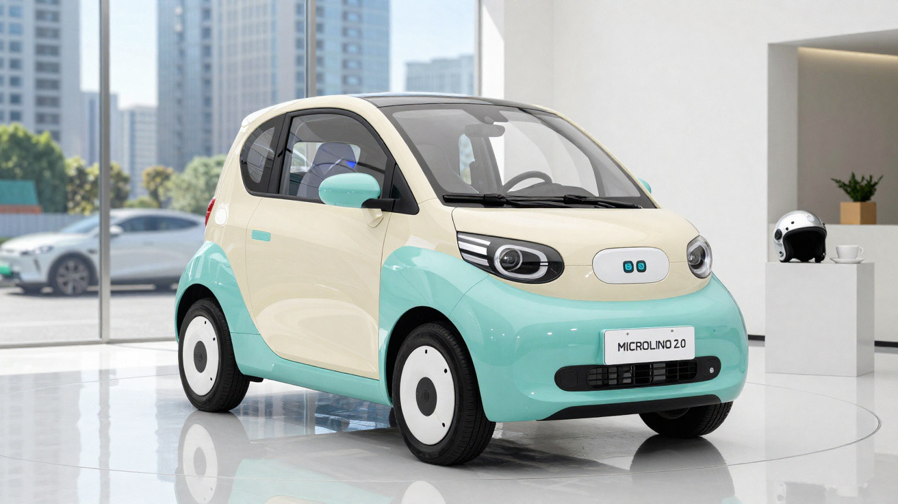 Carro compacto Microlino 2.0 em creme e azul claro exibido em ambiente moderno e iluminado.
