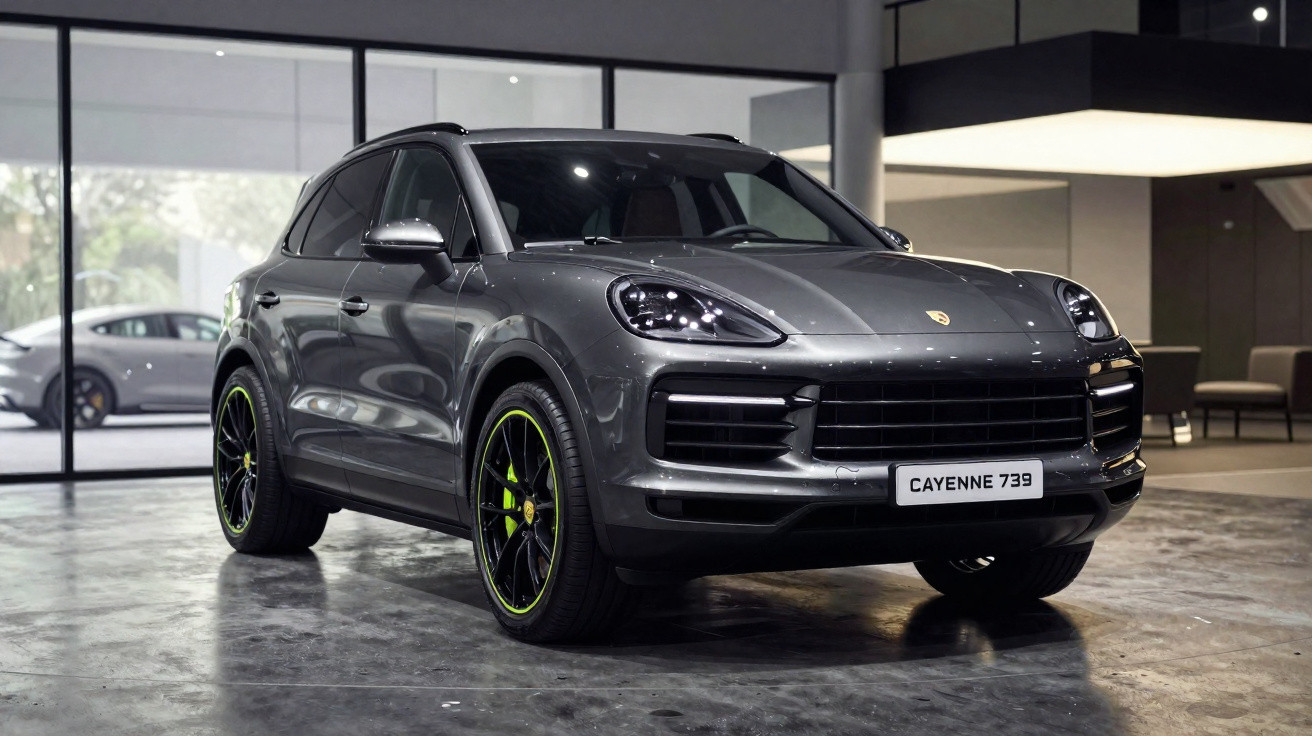 Automóvel SUV Porsche Cayenne cinzento escuro com detalhes em verde, estacionado em espaço interior moderno.