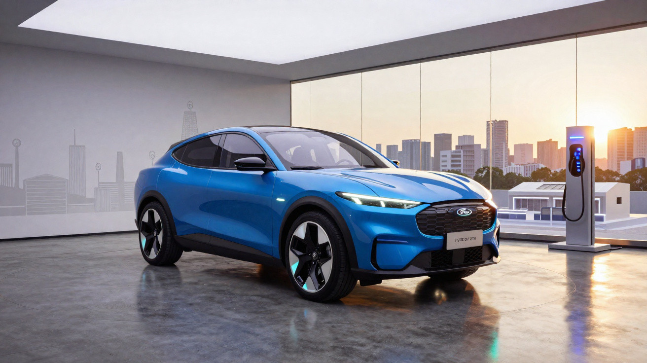 Carro elétrico azul moderno estacionado numa garagem com estação de carregamento e vista para cidade ao pôr do sol.