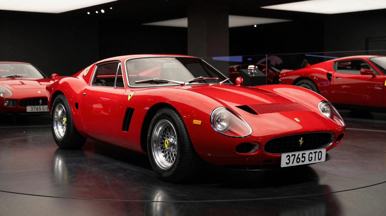 Ferrari clássica vermelha exposta em museu com iluminação ambiente e reflexos no chão escuro.