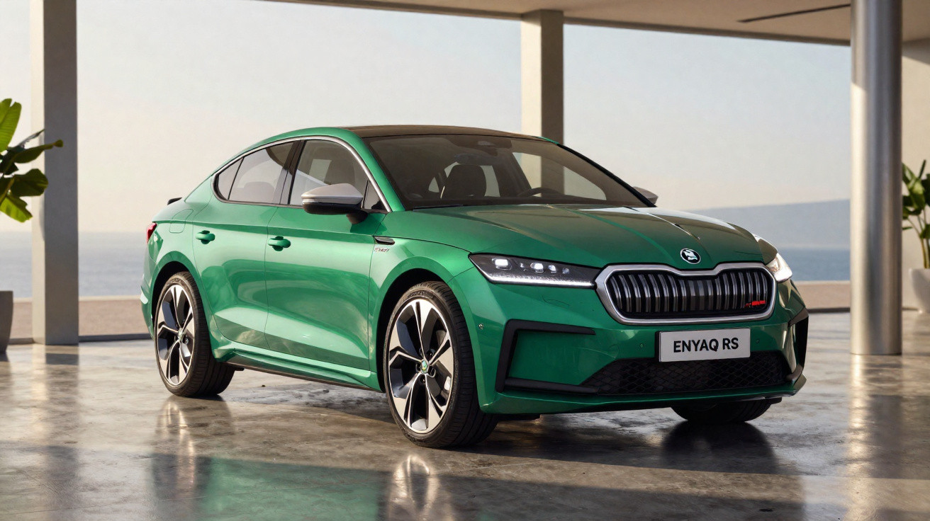 Carro elétrico Škoda Enyaq RS verde estacionado em espaço amplo com vista para o mar ao fundo.
