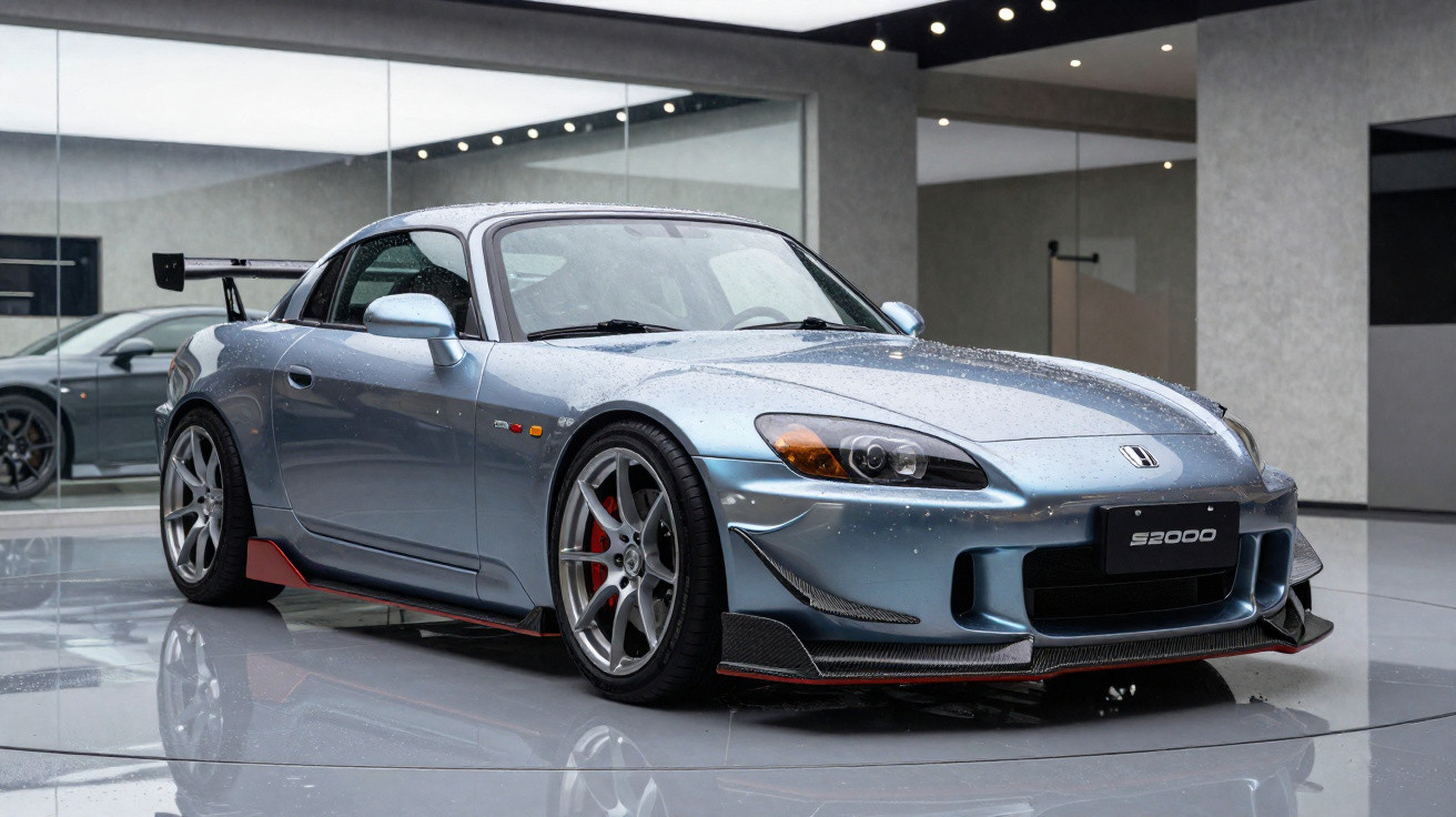 Carro desportivo Honda S2000 azul metálico com asa traseira, exibido numa sala moderna com chão espelhado.