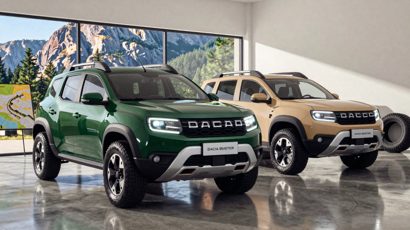 Dois carros Dacia SUV, um verde e um bege, exibidos numa sala com piso refletor e janela grande com vista para montanhas.
