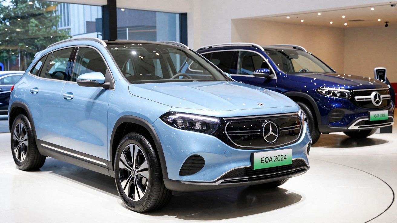 Dois carros elétricos Mercedes-Benz EQA 2024 expostos numa sala de showroom moderna.
