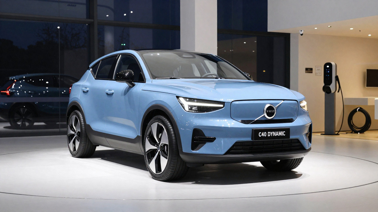 Carro elétrico Volvo C40 Dynamic azul exibido num showroom moderno com estação de carregamento ao fundo.
