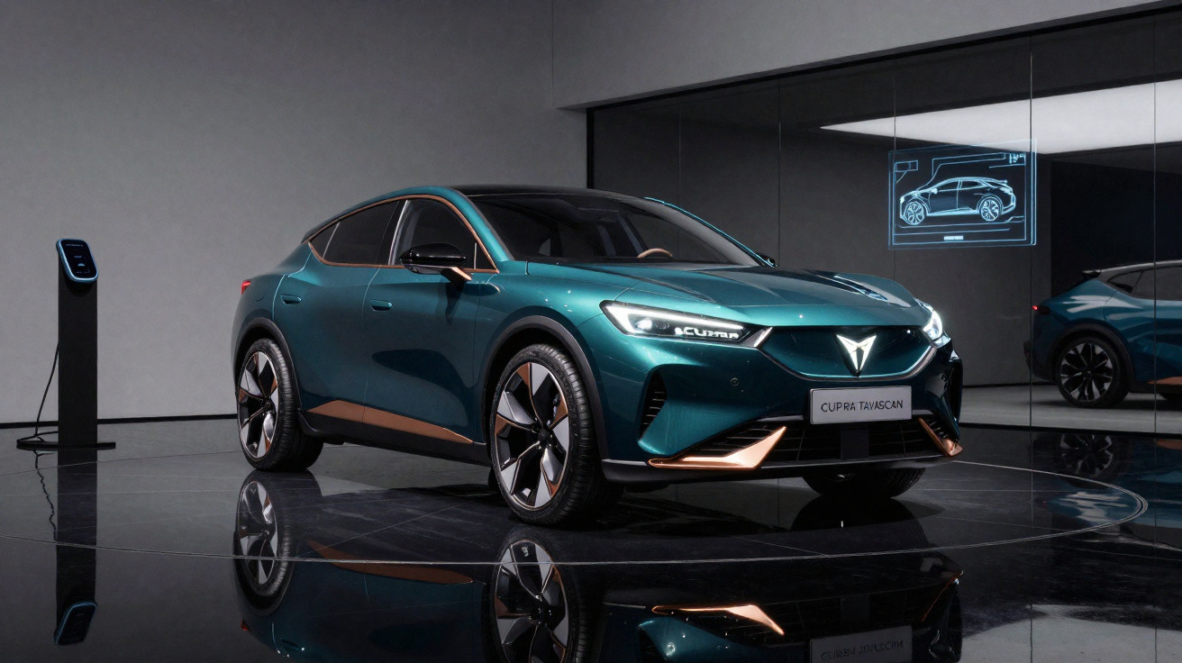 Carro elétrico Cupra Tavascan azul esverdeado numa sala com carregador e reflexo no chão preto brilhante.