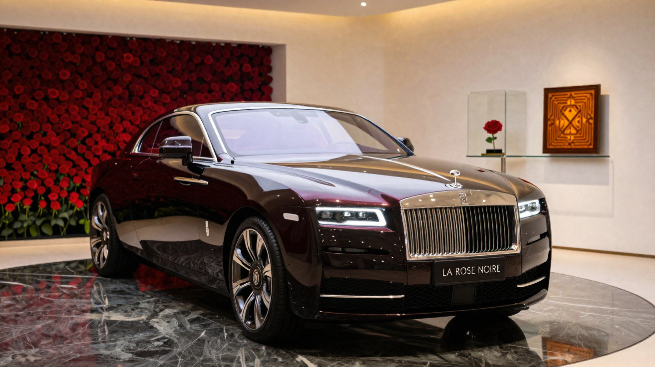 Carro de luxo Rolls-Royce coupe roxo com detalhes prateados exposto em ambiente sofisticado com parede de rosas.
