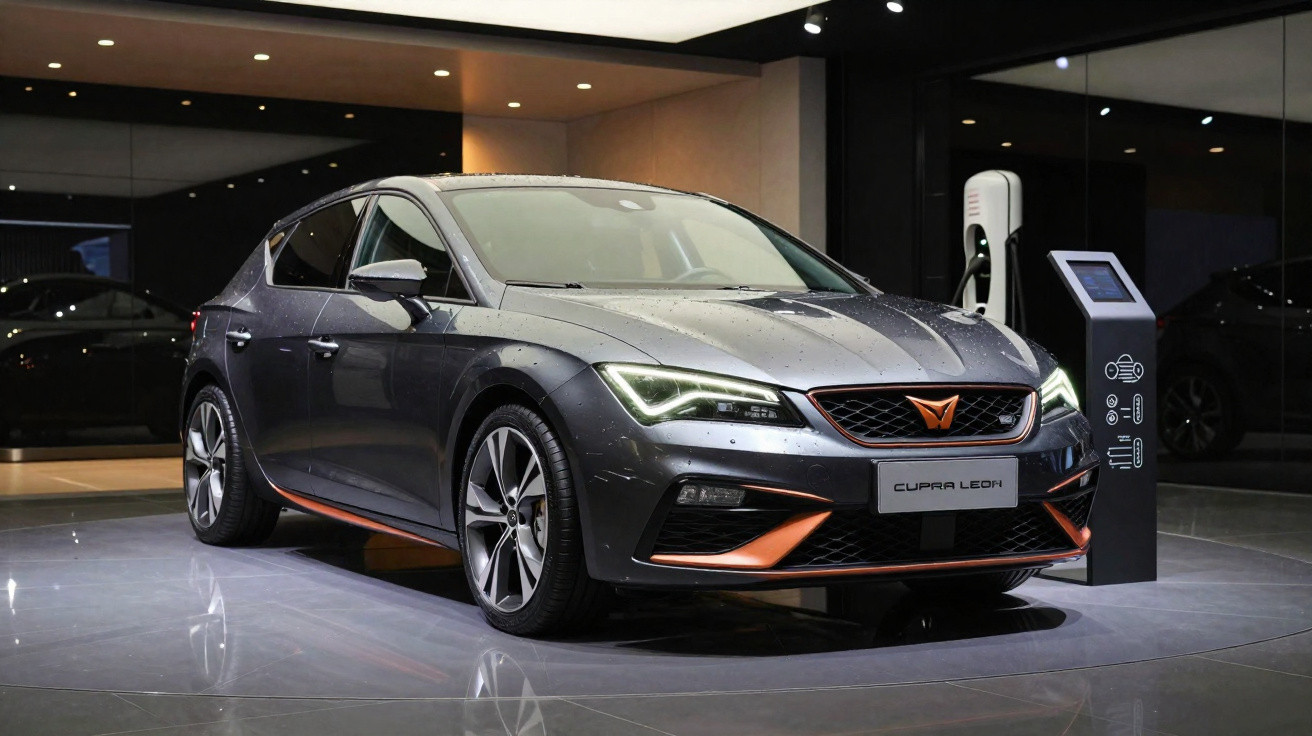 Carro elétrico Cupra Leon cinzento em exposição, com faróis acesos e posto de carregamento ao lado.