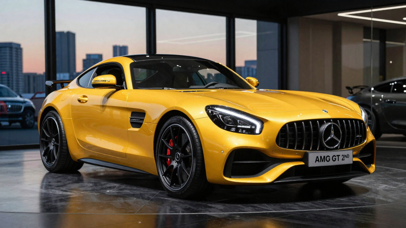 Carro desportivo amarelo Mercedes AMG GT 2ND estacionado em showroom moderno com janelas grandes.