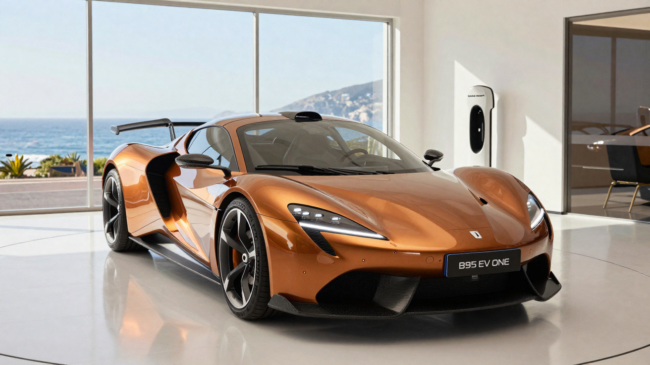 Carro elétrico desportivo laranja estacionado em sala com vista para o mar e posto de carregamento.