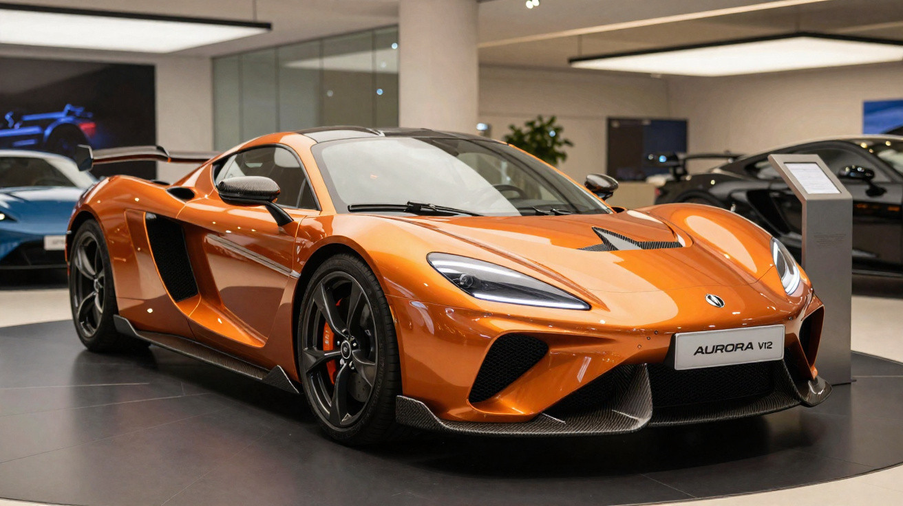 Carro desportivo laranja brilhante McLaren Aurora V12 exibido em salão automóvel interior moderno.