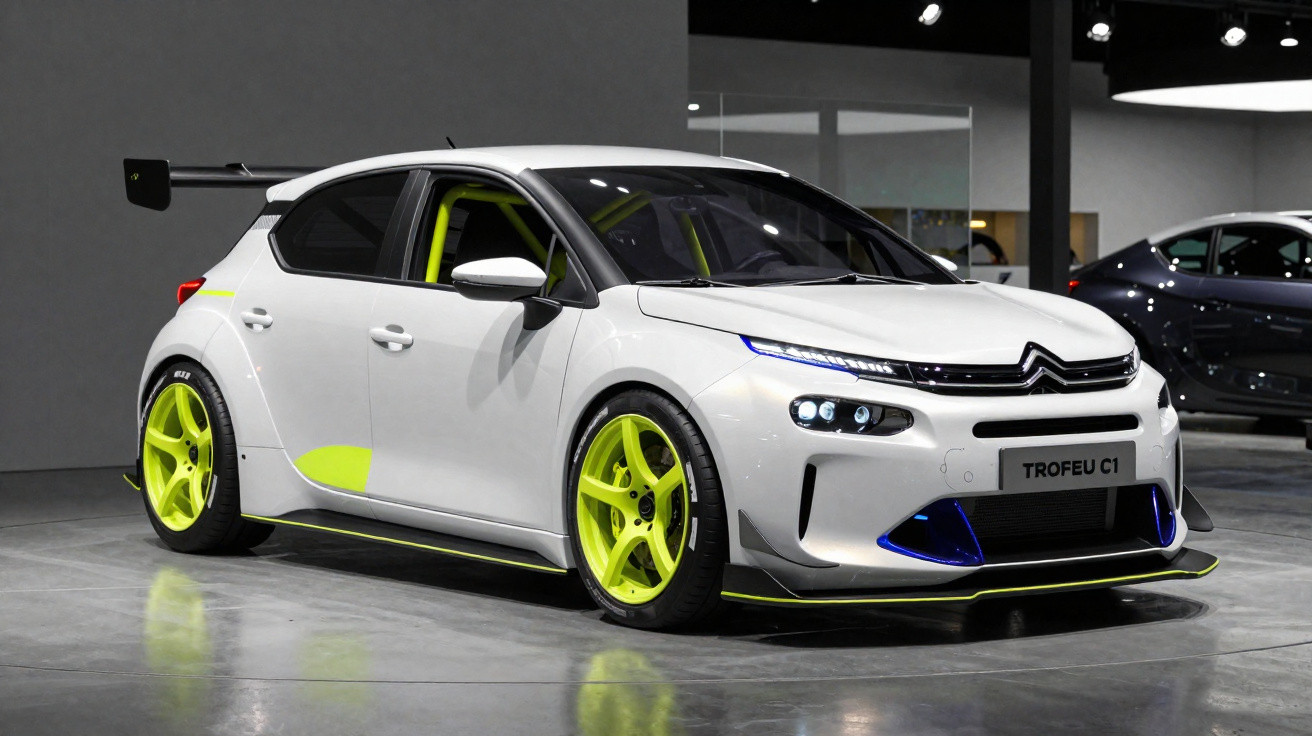 Carro desportivo branco Citroën Trofeu C1 com detalhes e jantes amarelo néon, exposto em salão automóvel.