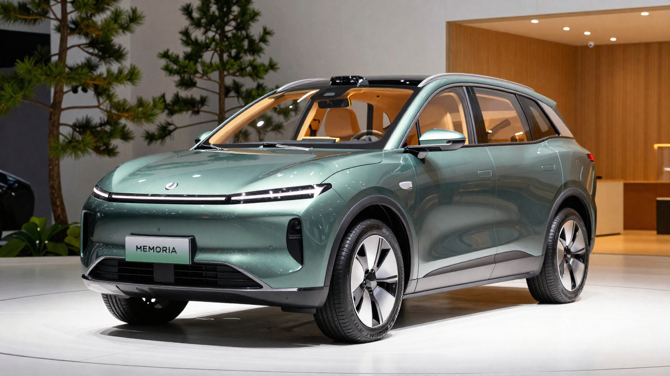 Carro elétrico SUV verde moderno exposto num salão com interiores em madeira e iluminação suave.