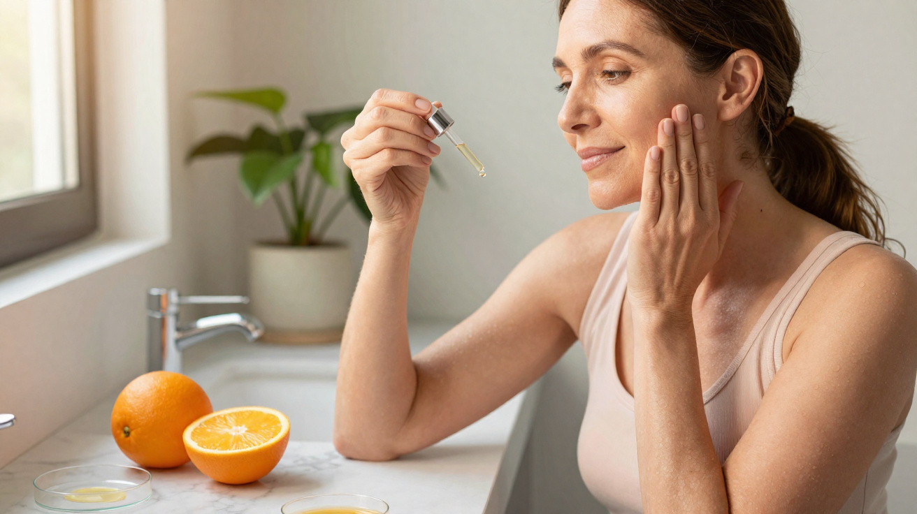 Mulher a aplicar sérum facial com conta-gotas num ambiente de casa iluminada, com laranja na bancada.