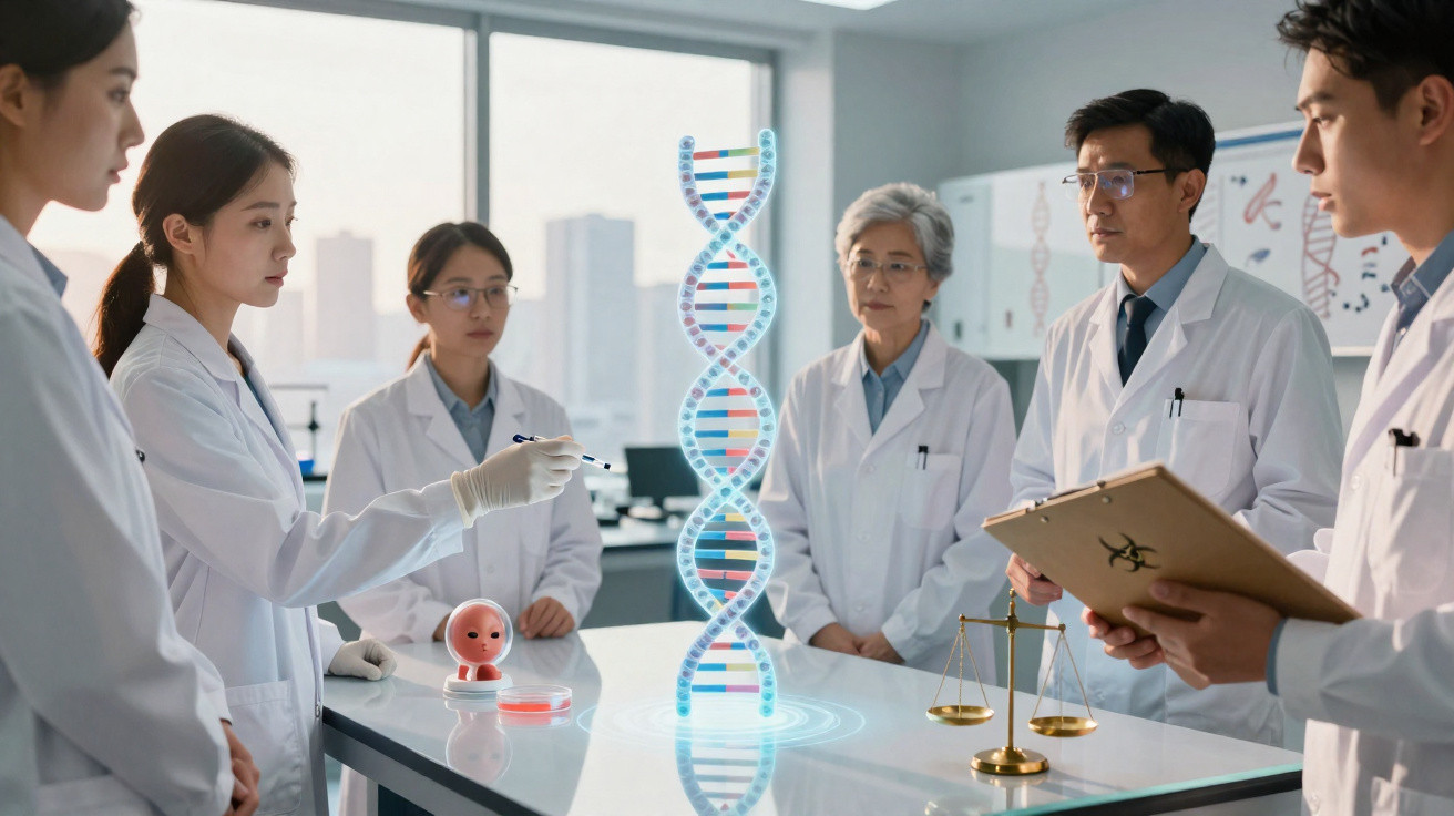 Equipe de cientistas em laboratório a analisar uma representação digital da molécula do ADN.
