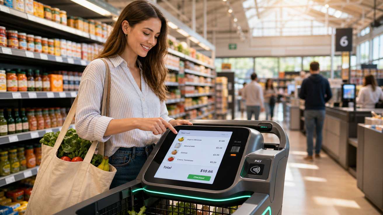 Mulher a passar legumes numa caixa automática num supermercado moderno, sorrindo.